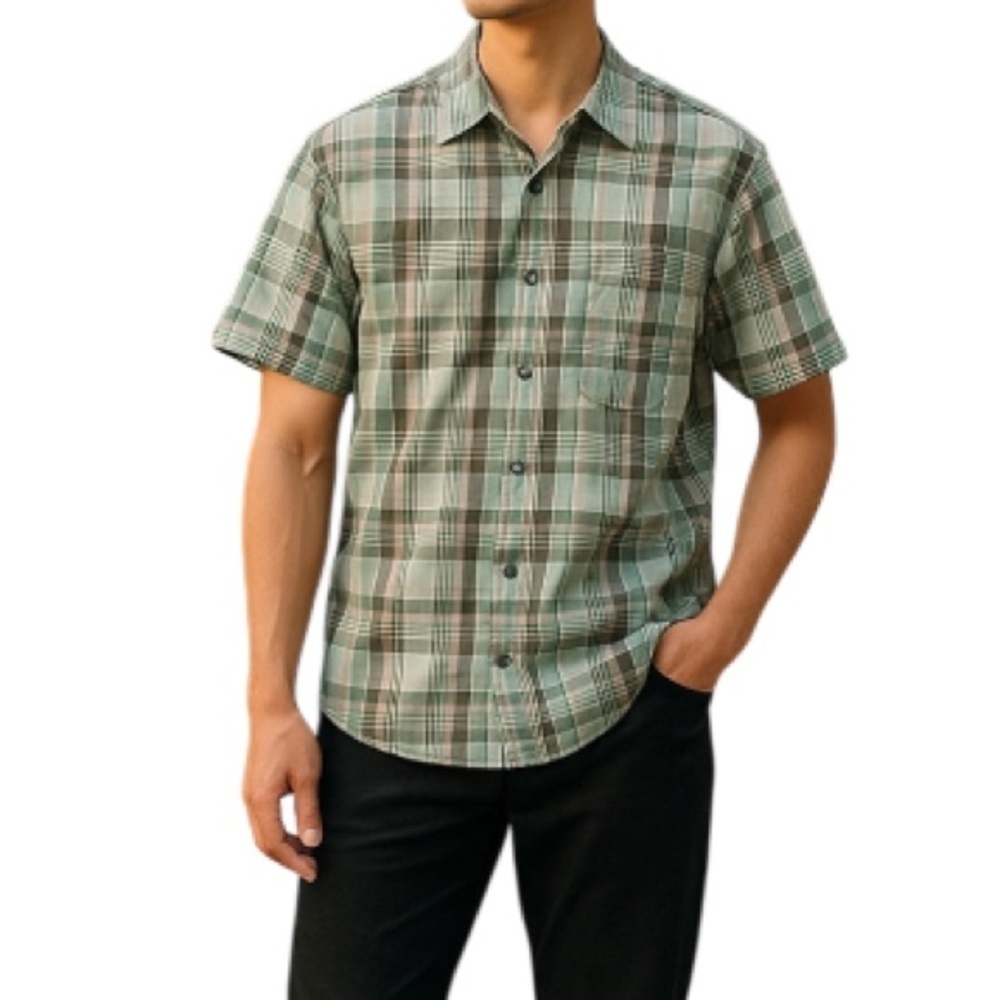 HORNY TOAD Mens Short Sleeve Plaid Button Down Shirt Green Grey Organic Cotton S